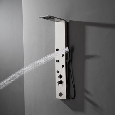 Brushed Nickel 4-Jet Rainfall Shower Panel System with Handheld Wand