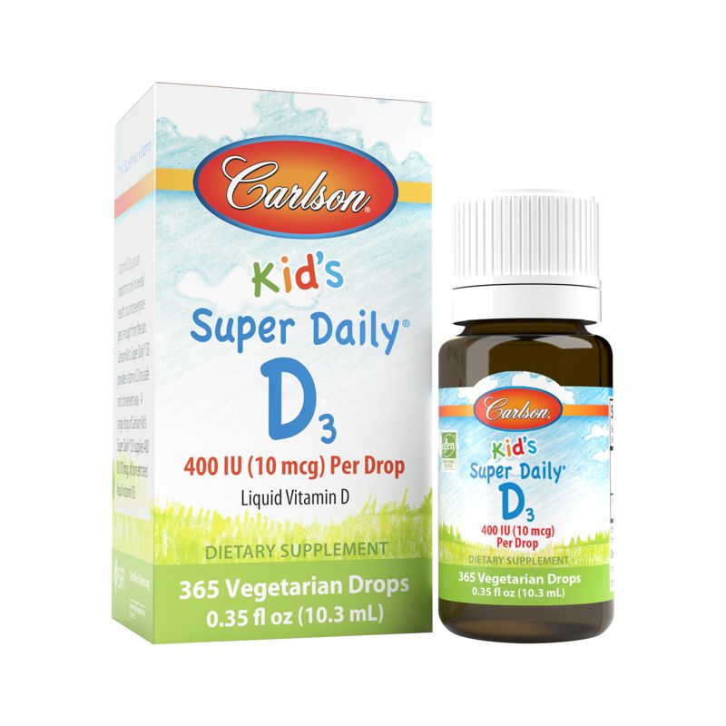 Carlson - Kid's Super Daily D3, Vitamin D Drops, 400 IU (10 mcg) per Drop, Vegetarian, Unflavored, 1 of 8