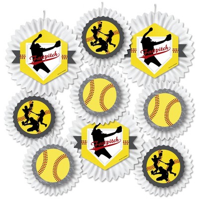 Big Dot of Happiness Grand Slam - Fastpitch Softball - Hanging Birthday Party or Baby Shower Tissue Decoration Kit - Paper Fans - Set of 9