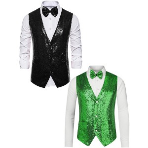 Lars Amadeus Men's Glitter Sequin Sleeveless Suit Vest Set with Bow Tie 2 Packs - 1 of 4