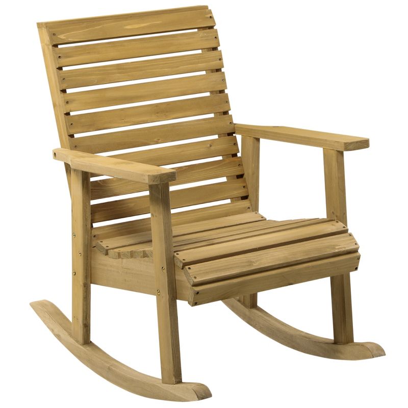 Outsunny Wooden Outdoor Rocking Chair, Traditional Slatted Wood Rocker with Armrests for Indoor & Outdoor, Light Brown, 1 of 7