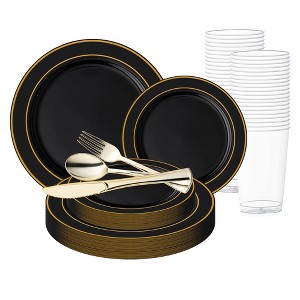 Smarty Had A Party Black w/ Gold Edge Rim Plastic Wedding Set - 60 Sets - 1 of 4