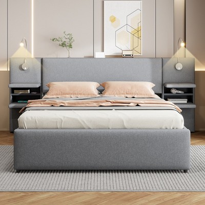 Whisen Upholstered Queen Platform Bed with Storage Drawers, Shelves, Trundle & Reading Lights
