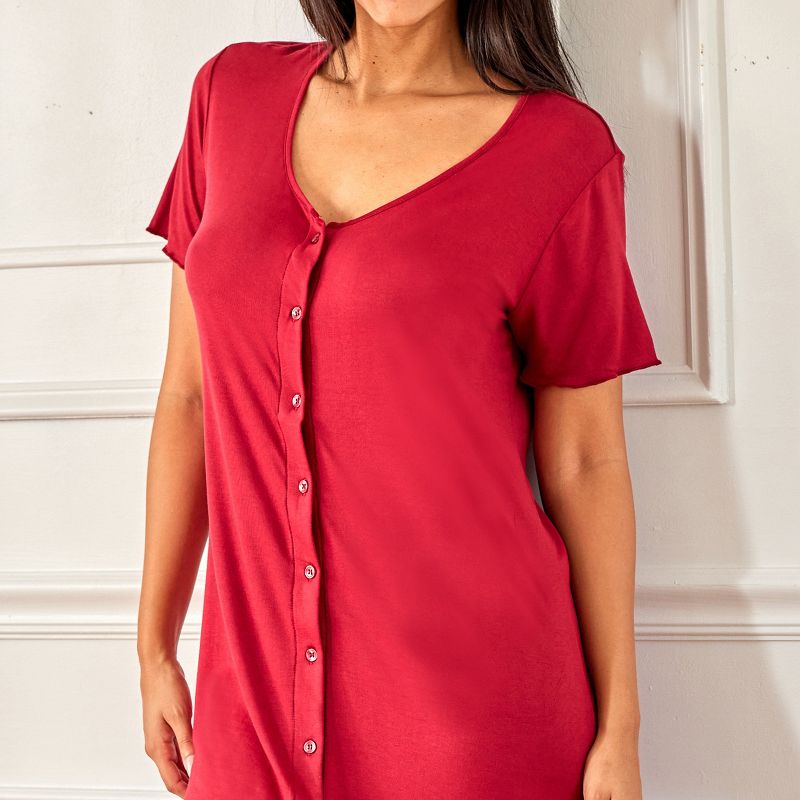 Women's Soft Knit Night Shirt, Short Sleeve Button Down Nightgown V-Neck Pajama Top, 6 of 7