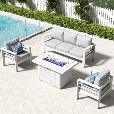 LayinSun Aluminum Furniture Set with Fire Pit Table, 4 Pieces Patio Sectional Conversation Chat Sofa Modern Seating Set