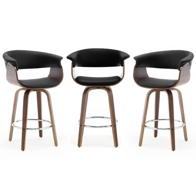 Bekrvio 26" Mid Century Modern Swivel Counter Height Bar Stools Set of 1/2/3/4 - PU Leather Upholstered,Walnut Bent Wood Legs for Kitchen Island