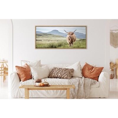 Highland Cow Mountain Landscape Canvas Print with Natural Frame