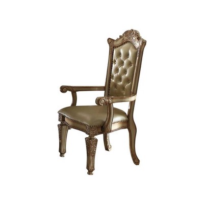 Bone Faux Leather and Gold Patina Floral Accent Chair