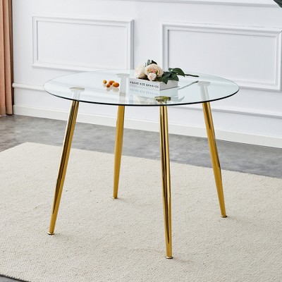Vynxaria 40" Round Dining Table with Glass Top, Gold Metal Legs, Exquisite Texture for Home