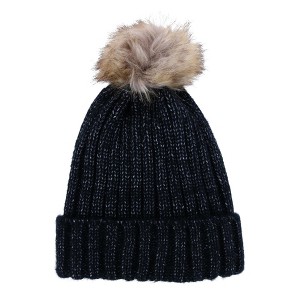 CTM Women's Metallic Shimmer Winter Knit Lined Beanie with Pom - 1 of 4