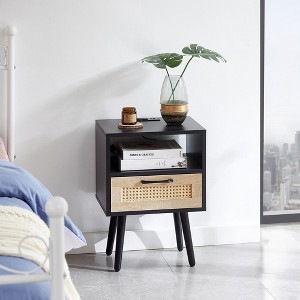 The 15.75" Rattan End table with Power Outlet & USB Ports , Modern nightstand - 1 of 4