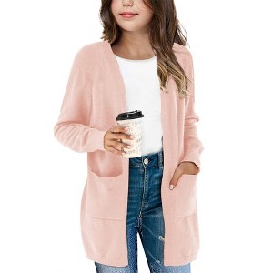 Girl's Open Front Cardigan Long Sleeve Knit Sweaters Kids Solid Cute Casual Loose Outerwear Coats with Pockets - 1 of 4