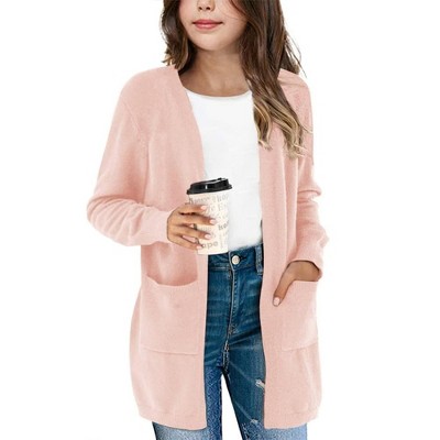 Girls Long Sleeve Cardigan With Lantern Sleeves - Open Front Knit Sweater With Pockets For Kids 5-14 Years