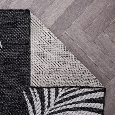 Black and Gray Synthetic Palm Leaves Flat Woven Rug, 2' x 3'