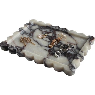BRINJOY Natural Marble Tray with Scalloped Edge - 10.8"x8" Rectangular Bathroom & Vanity Organizer Tray (Black & White)