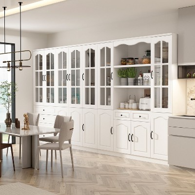 Famapy White Elegant Pantry Multifunctional Glass Display Kitchen and Dining Cabinets