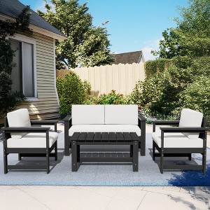Hyleory HDPE 4-Piece Outdoor Sofa Set with Cushions, Conversation Set Including One Loveseat, Two Accent Chairs and a Coffee Table - 1 of 4