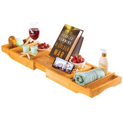 Bambusi Luxury Bamboo Bathtub Caddy Tray, Expandable Sides Bath Caddy Tray (Book, Wine, Glass, Cell Phone Holder