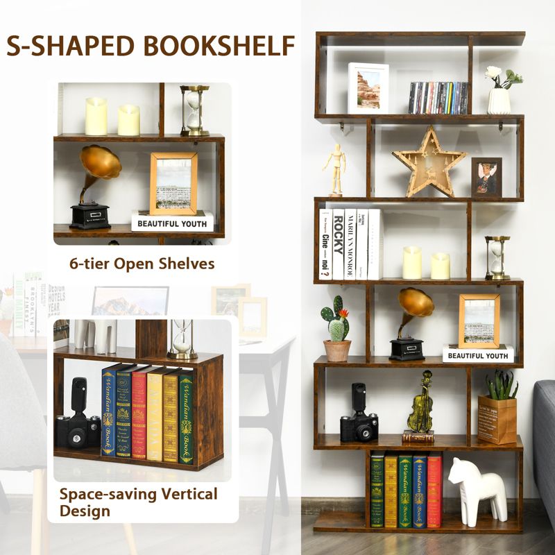 Tangkula 6-Tier S-Shaped Wooden Bookshelf Storage Bookcase Multifunctional  Display Stand Shelf, 4 of 9