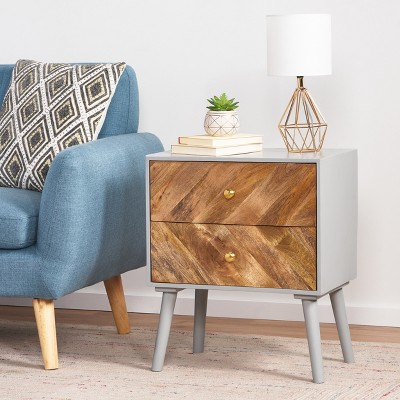 GDFStudio Poche Mid-Century Modern Handmade Mango Wood 2 Drawer Nightstand