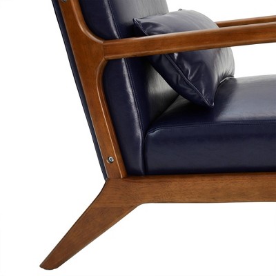 Navy Blue Faux Leather Mid-Century Modern Accent Chair with Walnut Wood Frame