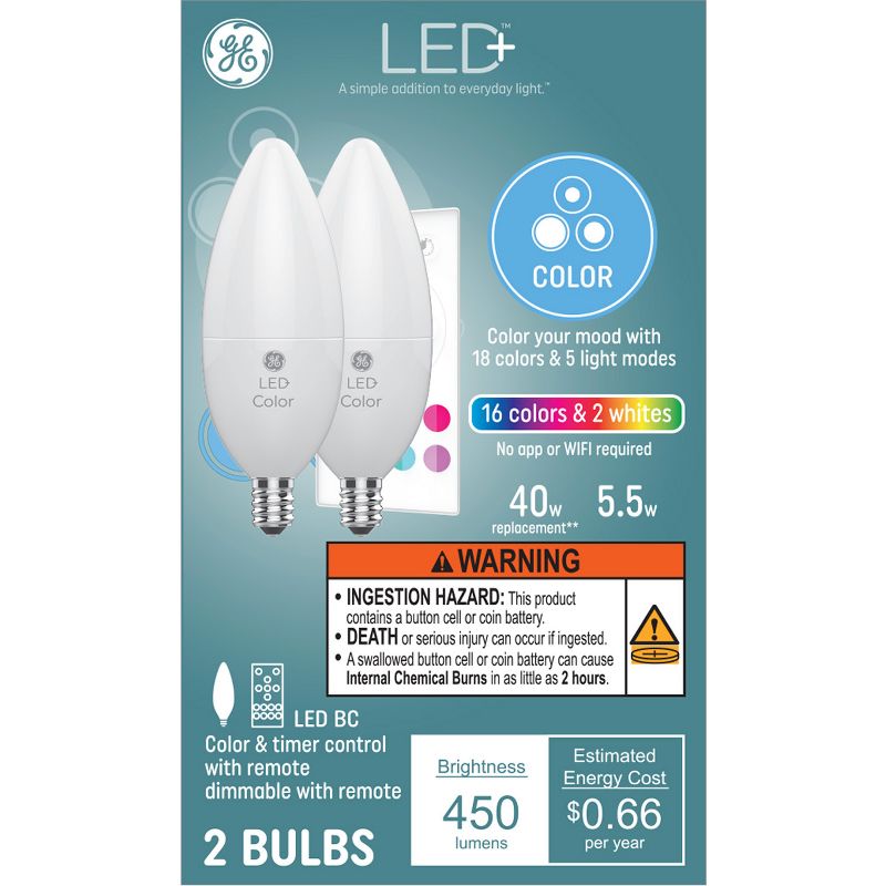 GE 2pk Remote Included LED Decorative Color Changing Light Bulbs, 1 of 7