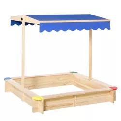 Outsunny Wooden Sandbox w/ Adjustable Canopy, Children Outdoor Playset Weather Resistant 47" L x 47" W x 47" H, Natural & Blue