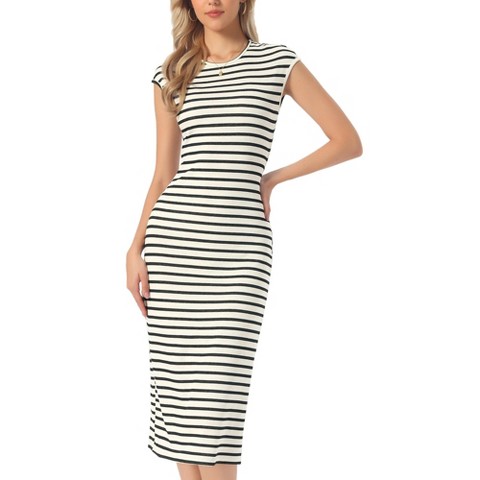 Женские платья INSPIRE CHIC Women's Striped Crew Neck Cap Sleeve Knit Bodycon Midi Dresses Medium Apricot Black