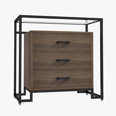 Tempered Glass, Steel, and Melamine Raised Bottom Three-Drawer Dresser - Bedroom Furniture, Durable, Stylish, Spacious, and Modern