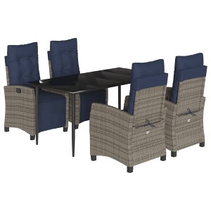 vidaXL 5-Piece Patio Dining Set - Gray PE Rattan Chairs with Navy Cushions, Black Tempered Glass Table, Adjustable Backrest - 1 of 4