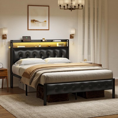 Hausource Upholstered Bed Frame with Storage Headboard & Charging Station Platform Bed