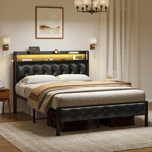 Hausource Upholstered Bed Frame with Storage Headboard & Charging Station Platform Bed - 1 of 4