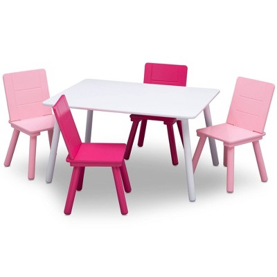 Pink and White Wooden Kids Table and Chair Set, 5-Piece
