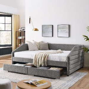 CAVINAS Bed Frame, Linen Fabric Daybed with 2 Drawers Trundle, Upholstered Tufted Sofa Bed - 1 of 4