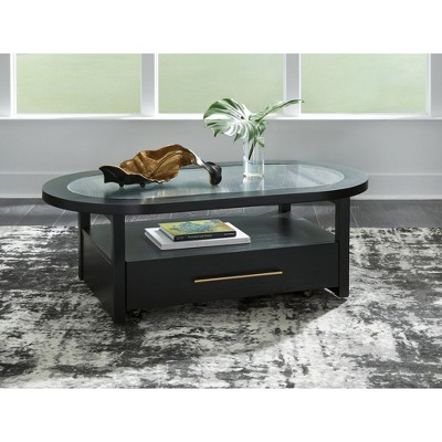 Black Oval Wood and Glass Lift-Top Coffee Table with Storage
