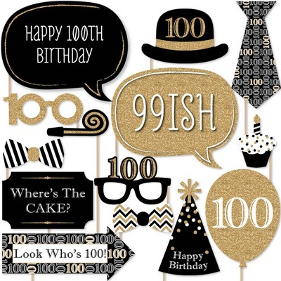 Big Dot of Happiness Adult 100th Birthday - Gold - Birthday Party Photo Booth Props Kit - 20 Count