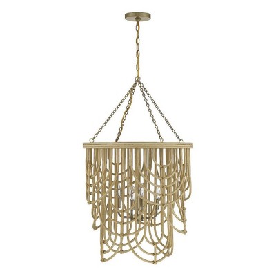 Bremen 4-Light Pendant in Warm Brass and Natural Rattan