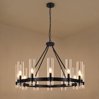 PAKOKULA 12-Light Black Candle Style Wagon Wheel Chandelier with Clear Glass Shade for Dining Room Kitchen Island