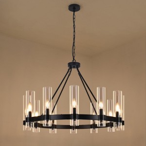 PAKOKULA 12-Light Black Candle Style Wagon Wheel Chandelier with Clear Glass Shade for Dining Room Kitchen Island - 1 of 4