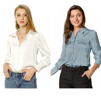 Allegra K Women's Satin Puff Sleeve Point Collar Vintage Button Up Shirt 2 Pcs
