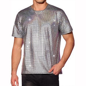 Lars Amadeus Men's Round Neck Short Sleeves Nightclub Party Metallic T-Shirt - 1 of 4