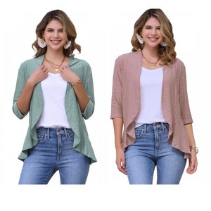 INSPIRE CHIC Women's 3/4 Sleeve Dressy Neck Ruffle Open Front Casual Eyelet Cardigans 2 Packs - 1 of 4