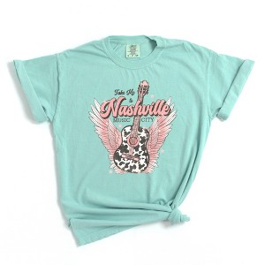 Simply Sage Market Women's Take Me To Nashville Winged Guitar Short Sleeve Garment Dyed Tee - 1 of 2