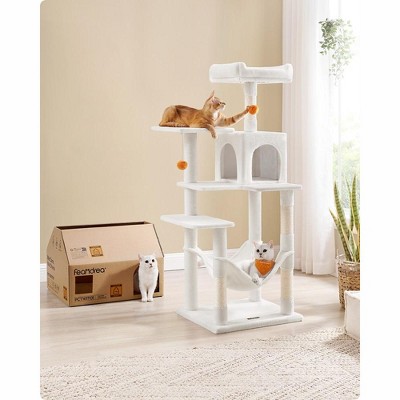 Cream White Multi-Level Cat Tree Tower with Hammock and Scratching Posts