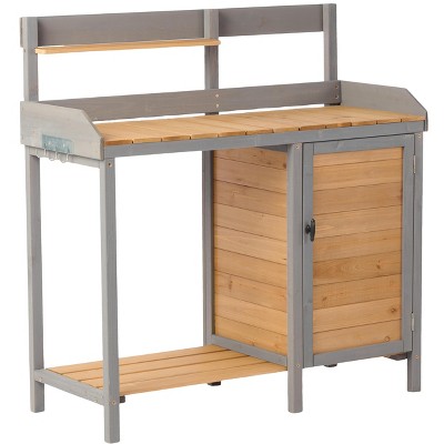DOMETOUR Outdoor Potting Bench, Wooden Workstation Table with Cabinet for Backyard Garden Supplies