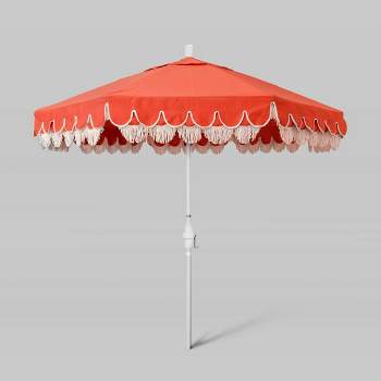 9' Scallop Base and Fiberglass Ribs Fringe Market Patio Umbrella with Crank Lift - White Pole - California Umbrella