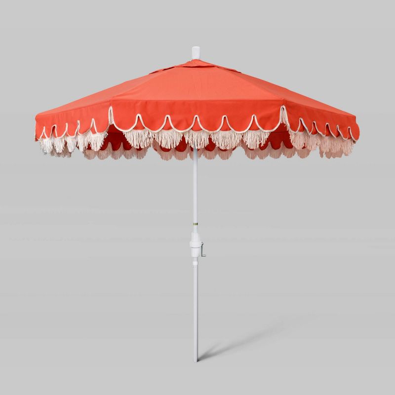 9' Scallop Base and Fiberglass Ribs Fringe Market Patio Umbrella with Crank Lift - White Pole - California Umbrella, 1 of 5