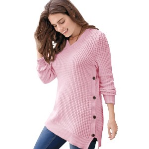 Woman Within Women's Plus Size Side Button V-Neck Waffle Knit Sweater - 1 of 4