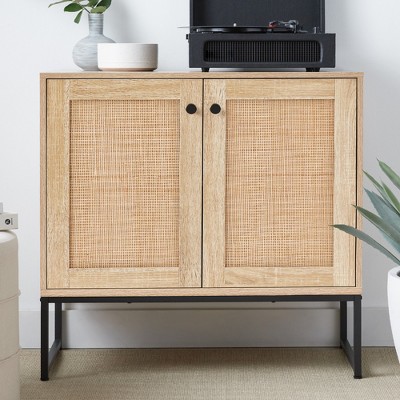 Natural Rattan 2-Door Storage Cabinet with Black Metal Legs