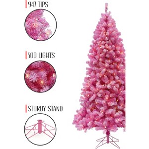 Prelit Pink Christmas Tree with Silver Tinsel Needles Warm White Lights - 1 of 4